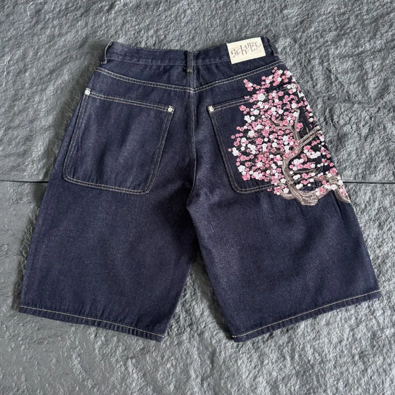High Street Raw Dark Blue Wide Leg Denim Shorts Heavy Embroidery Derschutze Casual Jeans Men Women