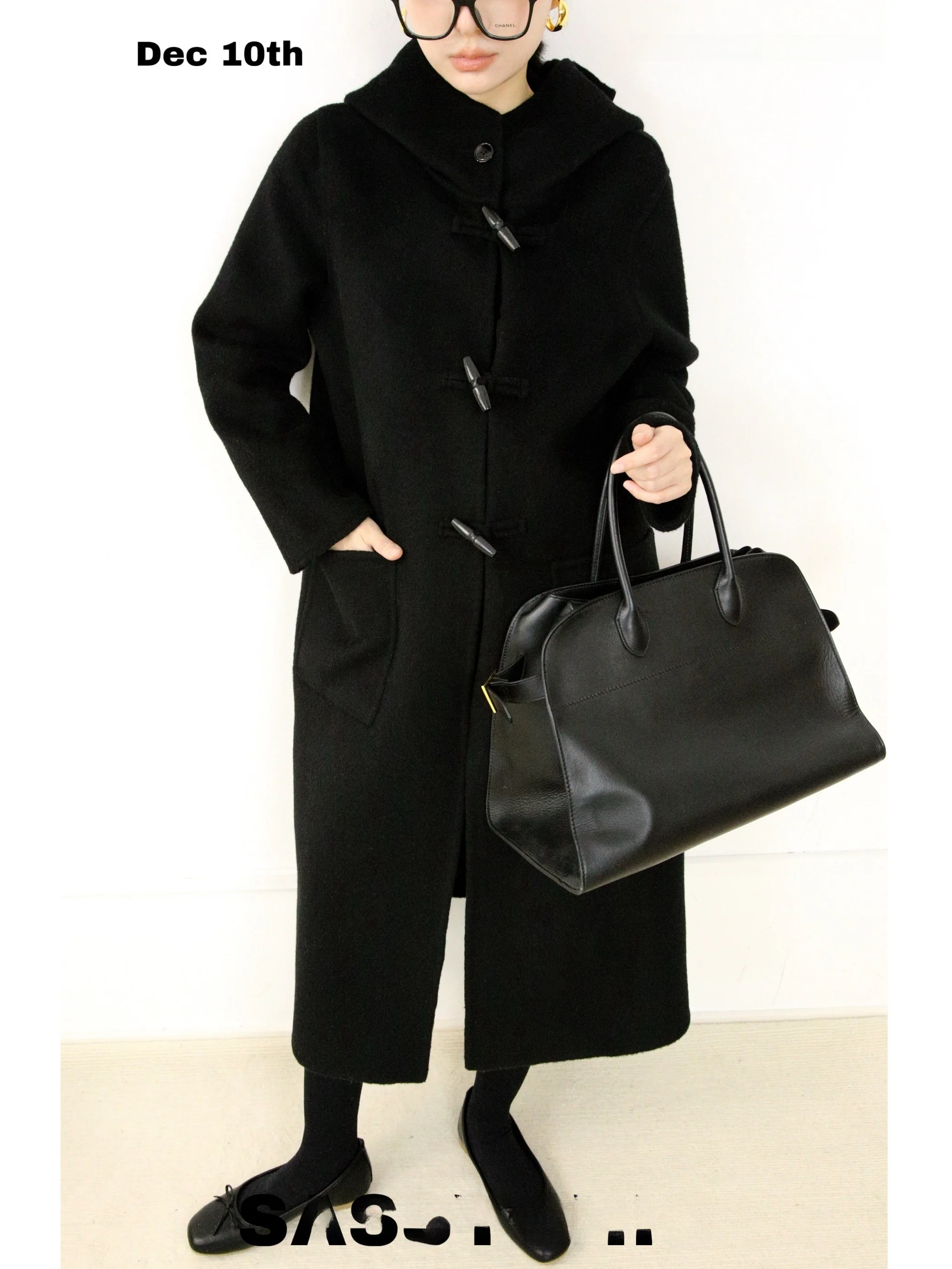 

SASSYCHIC Casual Style Woolen Coat with Hood Medium Length Black Jacket with Horn Buttons for Women Winter Season