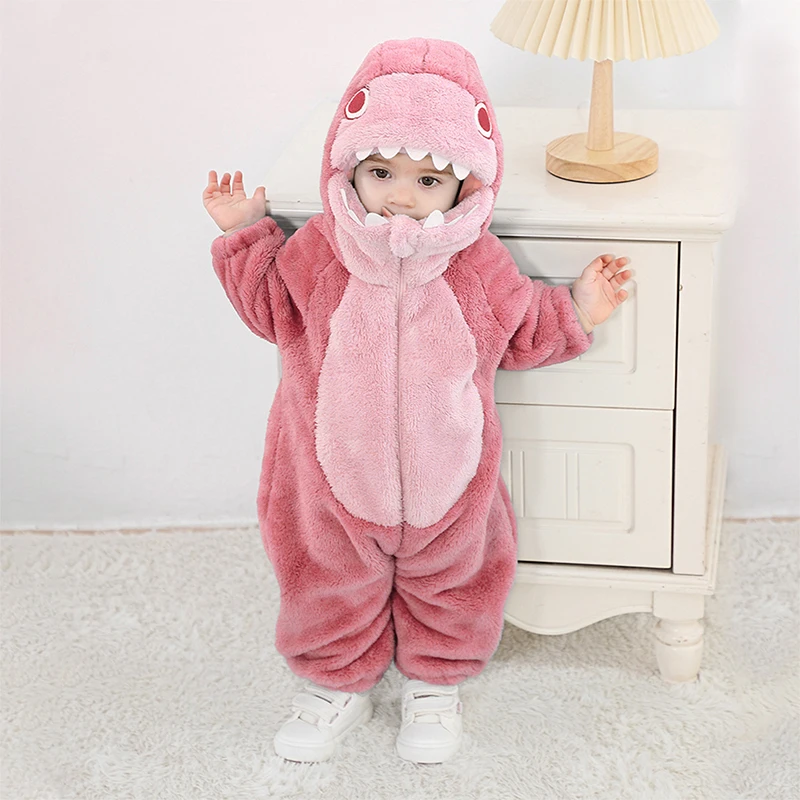 Shark Baby Clothing Winter Warm Long Sleeve Hoodie Cute Halloween Plush Cartoon Cute Tail Crawler jumpsuit