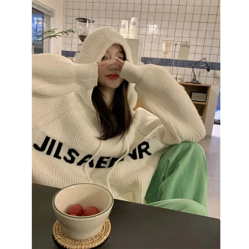 

KIMOKOKM Korea Chic Winter Sweety Letter Pattern Vintage Lazy Sweater Harajuku Style Loose Hooded Pullovers Knitting Sweaters