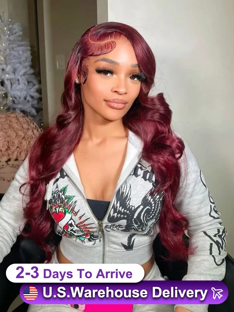 

34 36 38 Inch Body Wave Wig Burgundy 99J Lace Front Wig 13x5 13x6 HD Lace Frontal Wig Human Hair Pre Plucked 99j Red Colored Wig