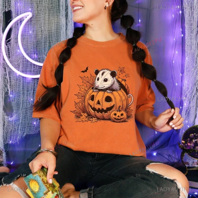 Halloween Pumpkin Opossum Cartoon Woman Graphic T Shirts Cute Spooky Fall Trick or Treat High Quality Cotton Man T-Shirt Orange