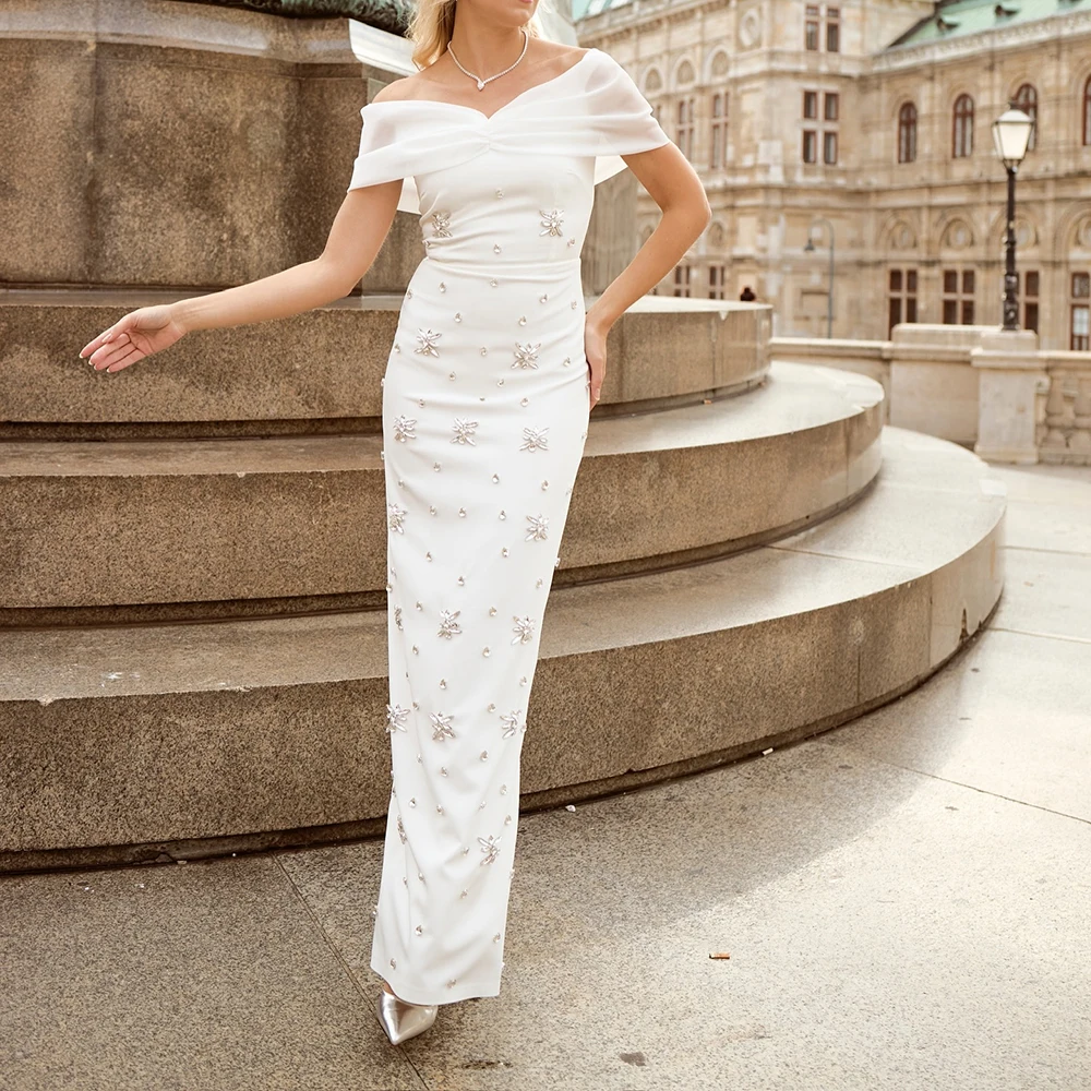 

Customized Straight Evening Dresses Floor-length Off The Shoulder Sleeveless Prom Gown Fashion Crystal Exquisite Party Gown