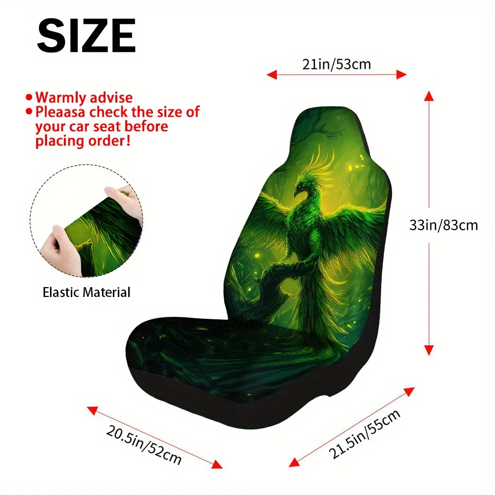 Set Of 2, Universal Car Seat Covers With A Fantasy Green Phoenix Design – Made From High-Quality Materials, Stylish And Durable