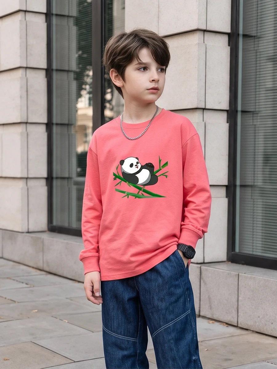 Boys Long Sleeve Cotton T-shirt Cartoon Panda Graphic Print Big Kids Crew Neck Casual Tops