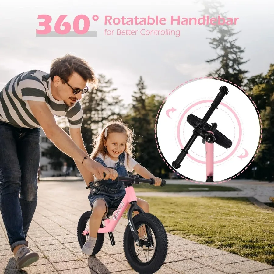 12インチバランスバイク、2歳、3歳、4歳、5歳の男の子と女の子向け、軽量ナイロンフレーム、幼児用トレーニングバイク、ペダルなし、調整可能