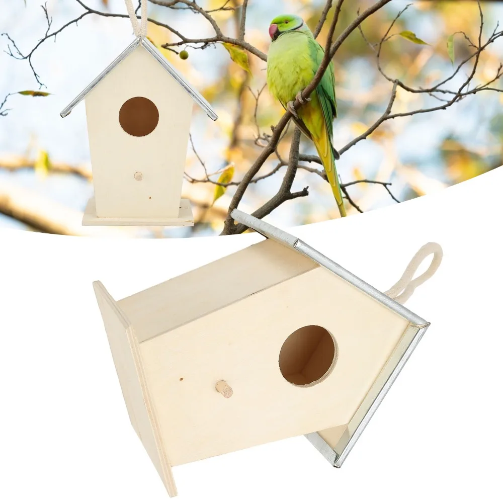 Galvanized Iron Top Wooden Bird House Wood Panel Frame Built-in Perch Peg Bird Nesting Box Suspension Setup Hanging Rope