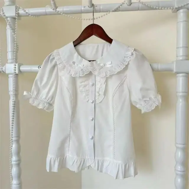 2026 New Sweet Lolita Style Solid Blouse Women Short Puff Sleeve Ruffled Peter Pan Collar Shirt Bow Lace Elegant Summer Top