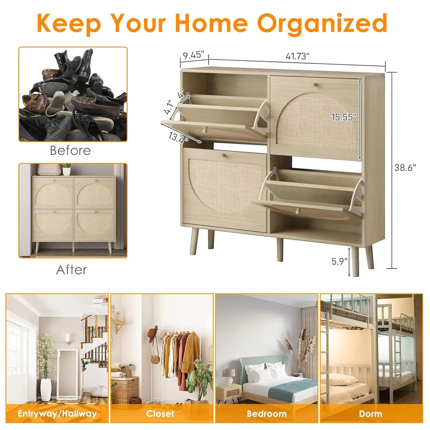 Modern Rattan Shoe Cabinet with 8 Dump Buckets & 4 Flip Drawers, High Legs Narrow Rack with Handles for Entryway, Customized