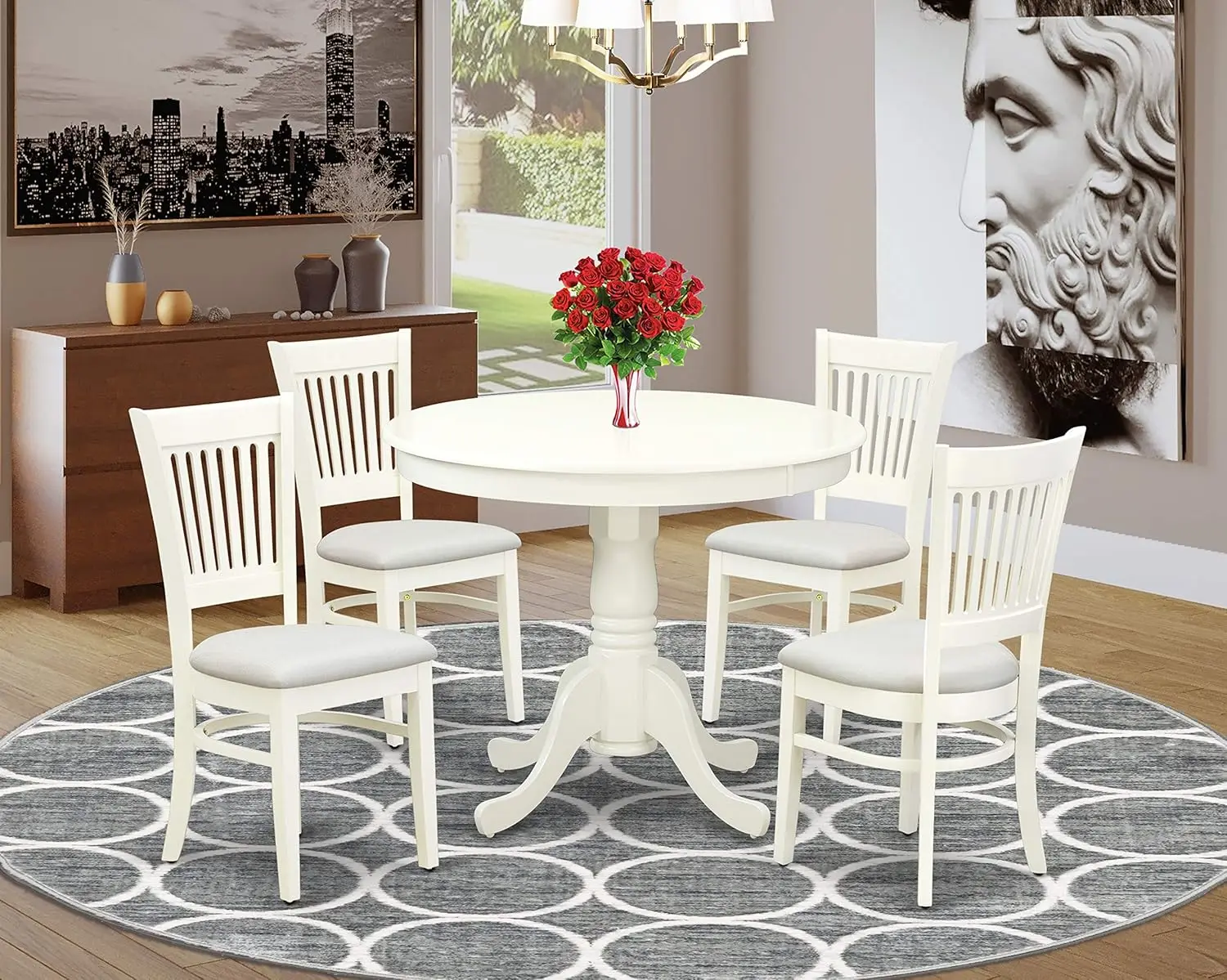 East West Furniture ANVA5-LWH-C 5 Piece Dining Room Table Set Includes a Round Kitchen Table with Pedestal and 4 Linen Fabric