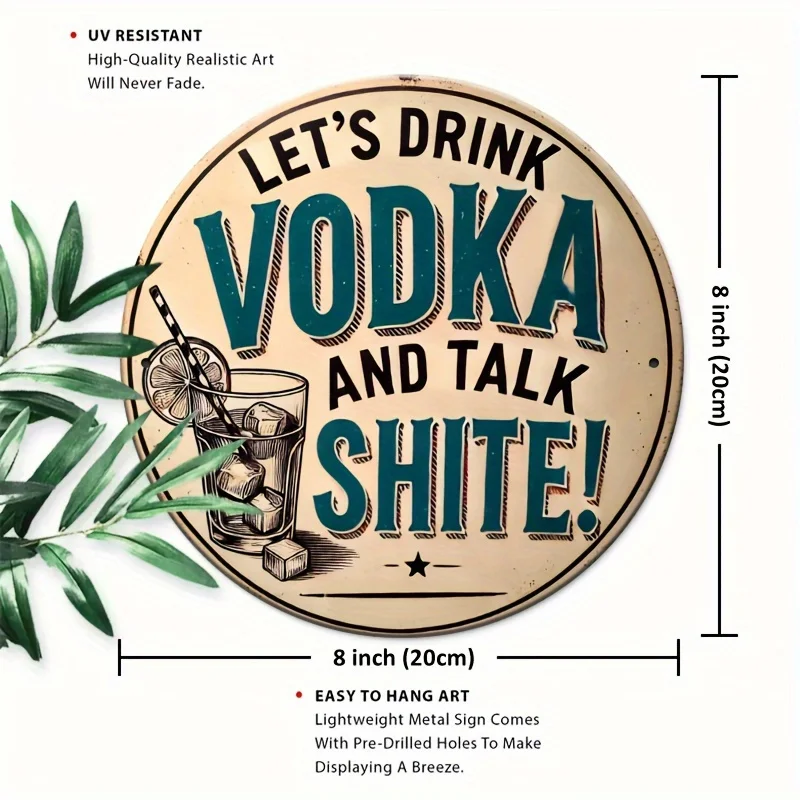 Round Let's Drink Vodka Quote 2D Flat Aluminum Sign 20x20cm, Vintage Cocktail Glass Lemon Print Circular Wall Plaque, Bar Man Ca