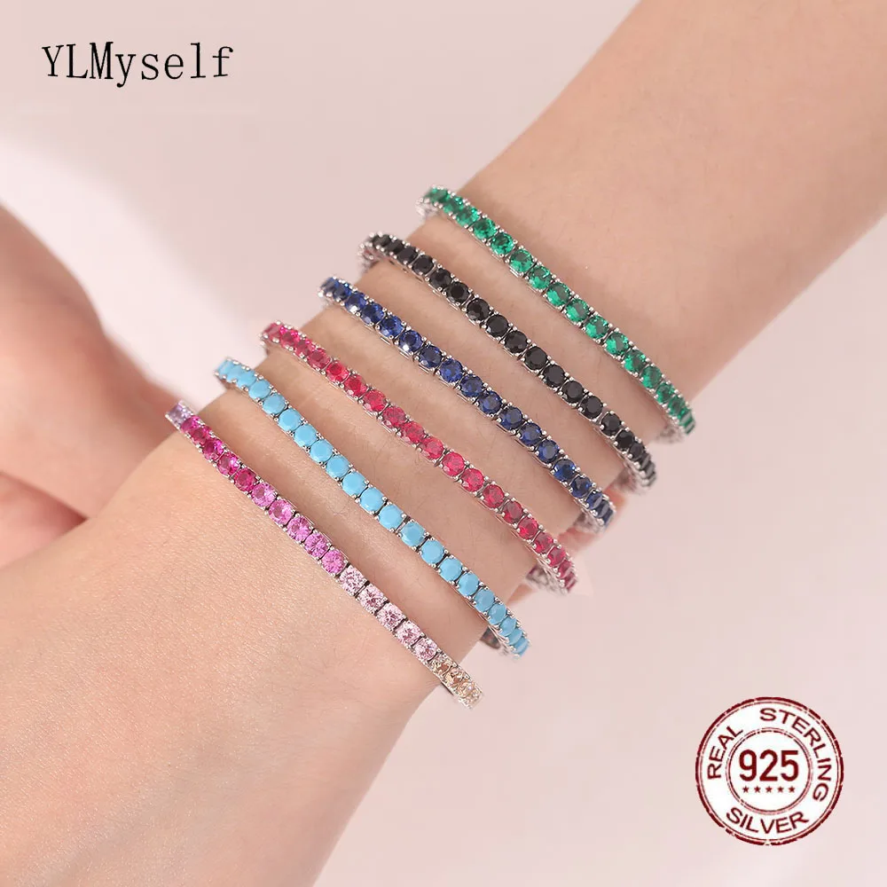 925 Silver Tennis Bracelet For Women, 3mm Ruby Or Sapphire Cubic Zircon, 15–20CM, Elegant Wedding Jewelry Gift