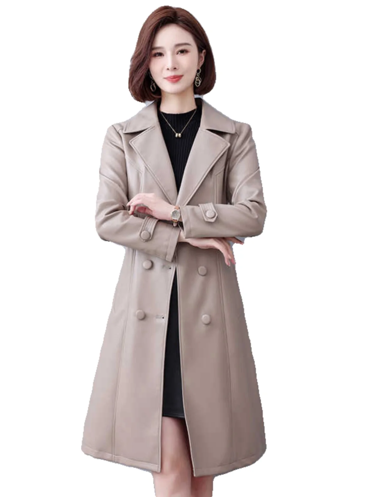 Cappotto in Pelle di Agnello Slim Fit a Lunghezza Media per Donna Primavera 2025, Giacca a Vento in Vera Pelle Heining, Maniche Lunghe, Doppiopetto