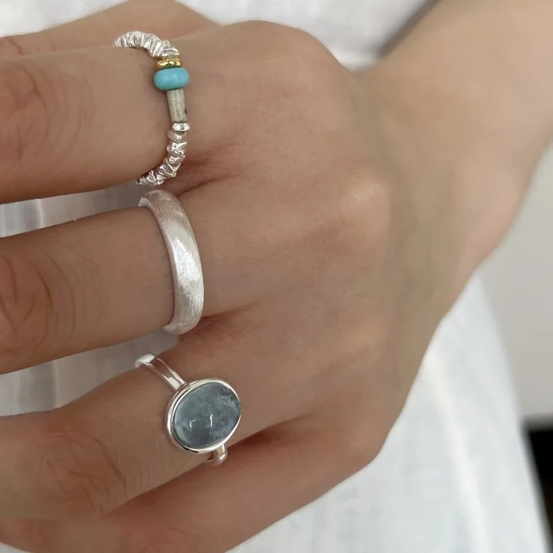 925 srebrne pierścionki dla kobiet niebieski kamień wąski prosty minimalistyczny otwarte regulowane pierścionki na palce modny pasek kobieta Bijoux