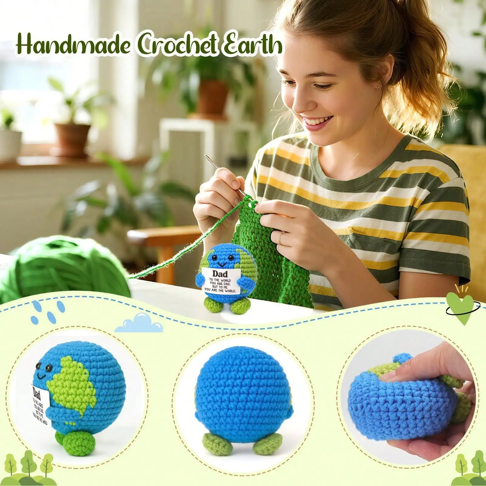 

New Knitted Earth Globe In Blue And Green Yarn, Color-Blocked, With A Stand, Desktop Decoration, Handmade Crocheted Earth Globe OKBR