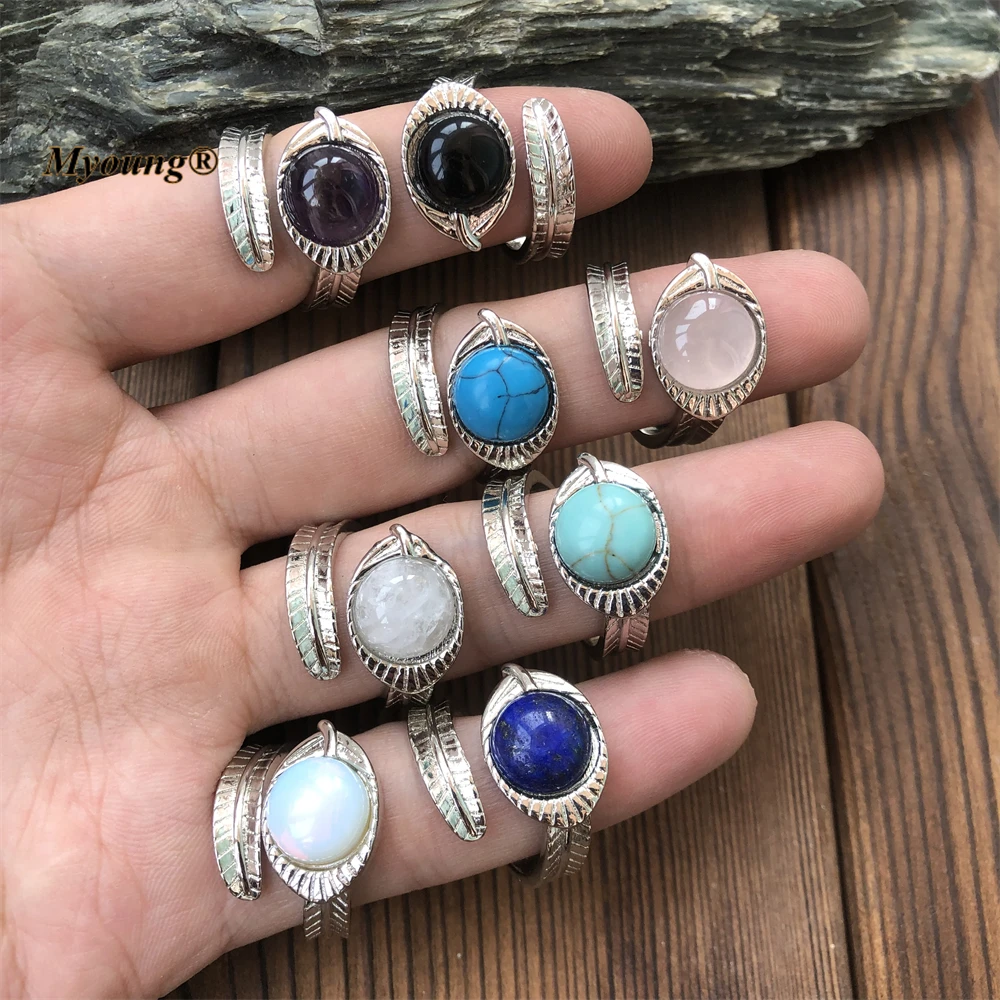 round natural gems stone rings para mulheres lapis turquesas onix cristal quartzo ametistas aneis ajustaveis atacado my221020 01