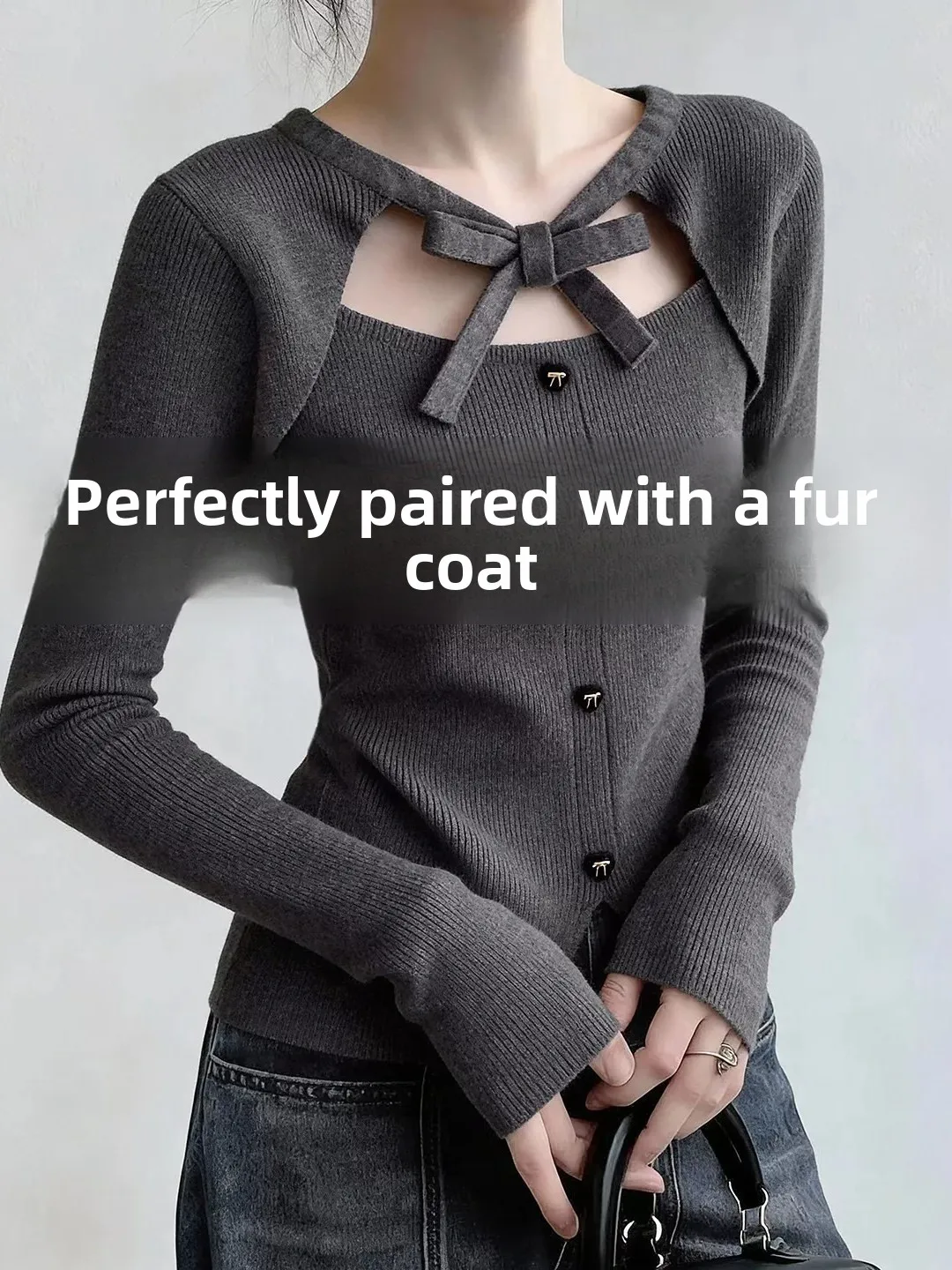 Fashionable Lace Knitted Sweater Fake Two-Piece Base Shirt Women Spring Autumn Inner Match High-End Sense Super Good Looking ...
