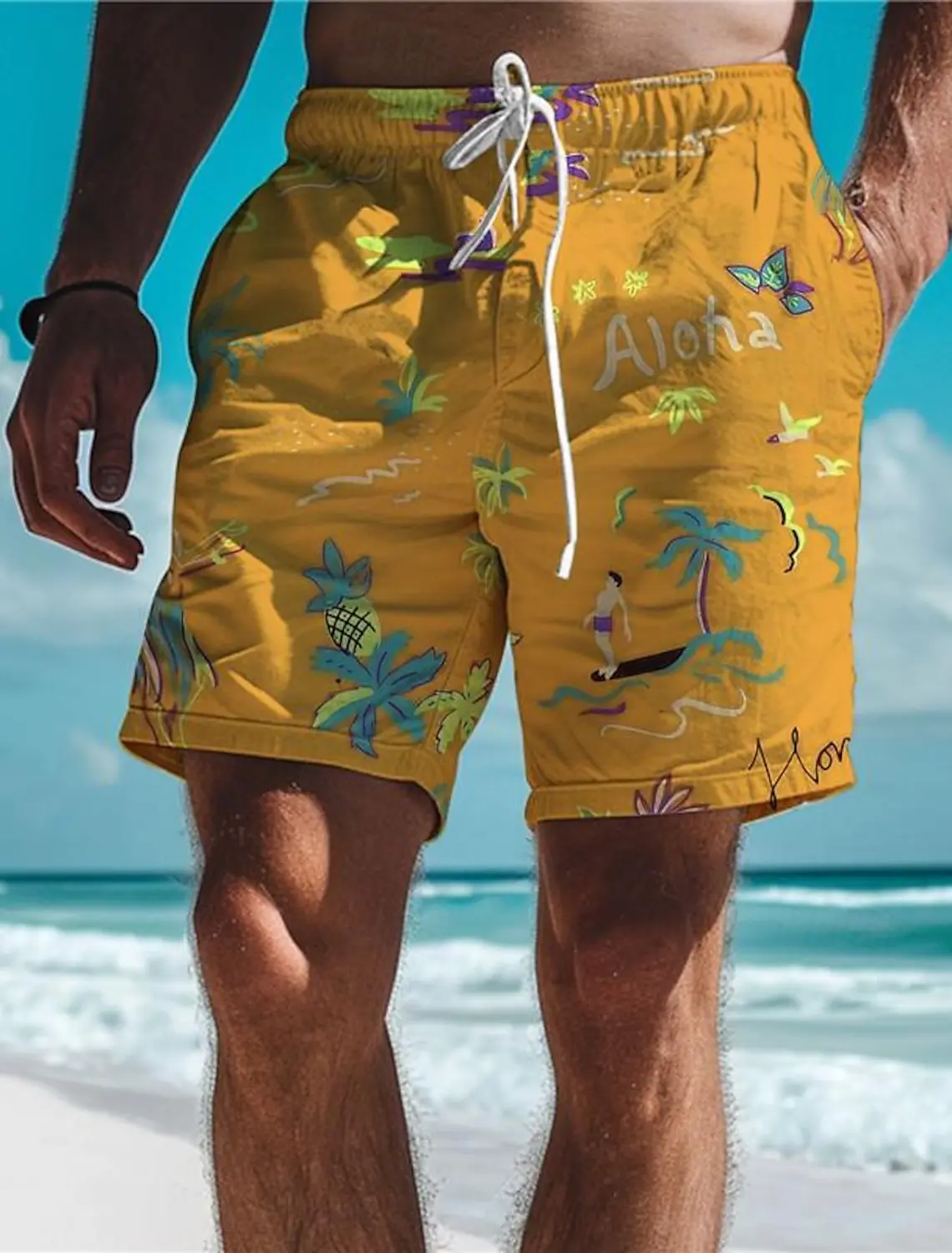 Aloha Palm Tree Men's Resort 3D Printed Board Shorts Swim Trunks Elastic Drawstring Stretch Short Hawaiian Style Holiday Beach