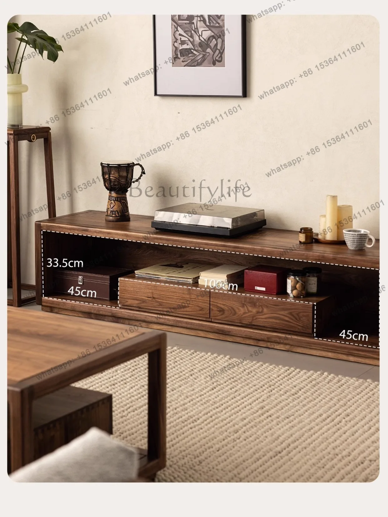 new household black walnut TV cabinet, all solid wood floor-to-ceiling simple audio-visual cabinet
