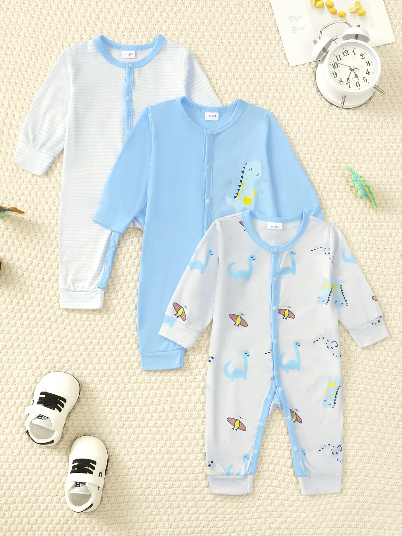 Winter 0-1 Years Old Infant Baby Boys Long Sleeved Open Button On Chest Casual Jumpsuit 3-Piece Set