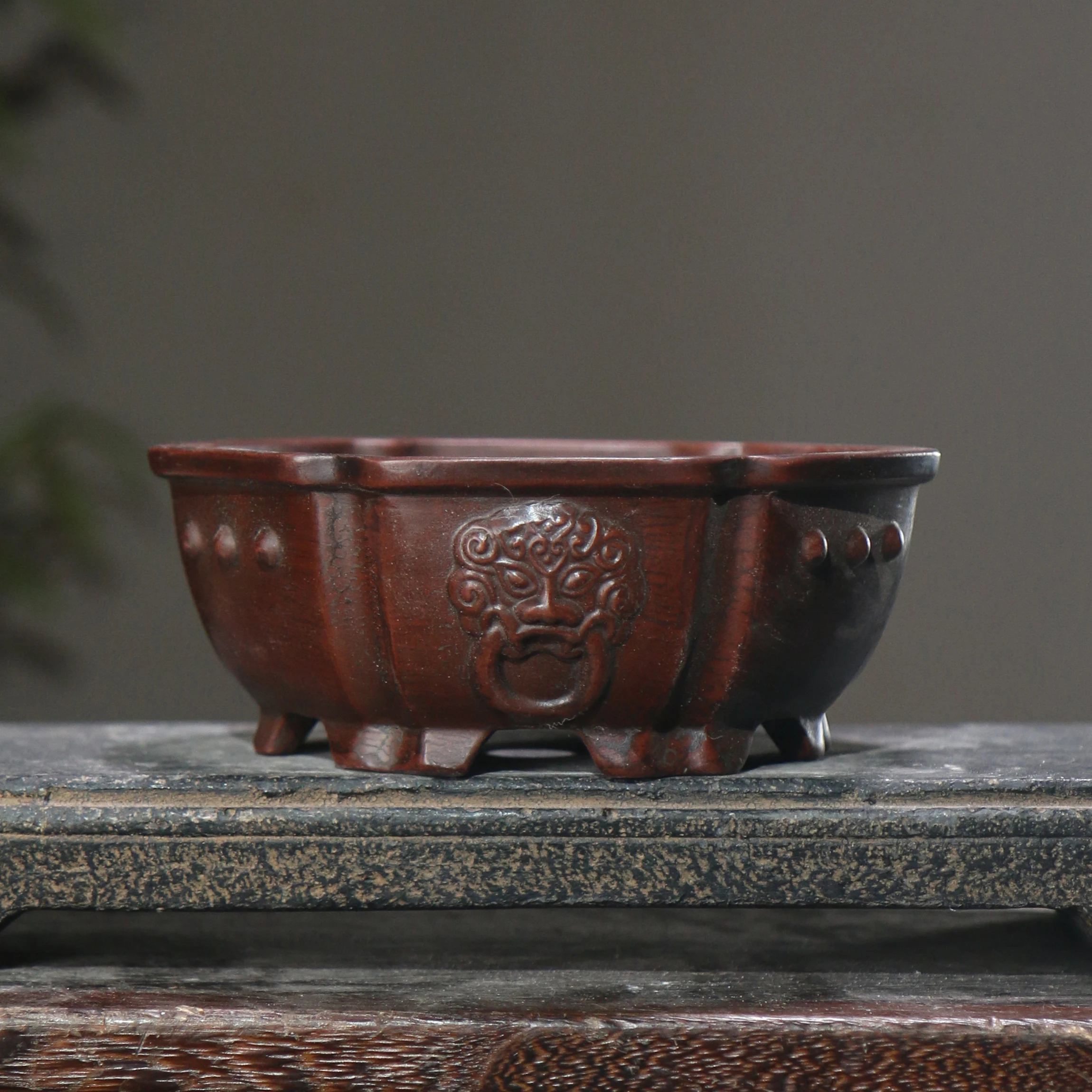 Chinese Ancient Style Purple Sand Flower Pot Ceramic Bonsai Pot Six-Sided Flower Pot Home Decorative Flower Pot With Hole 1PCS