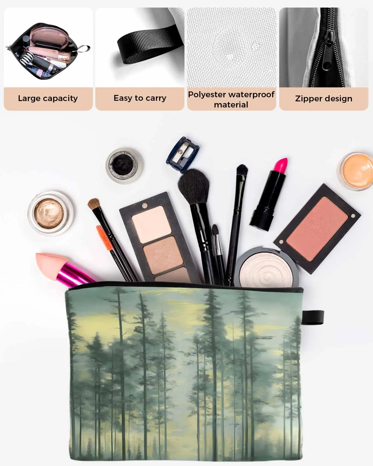 Oil Painting Hand-Painted Forest Women Portable Storage Bag Pouch Napkin Cosmetic Bags Organizer Ladies Makeup Bag