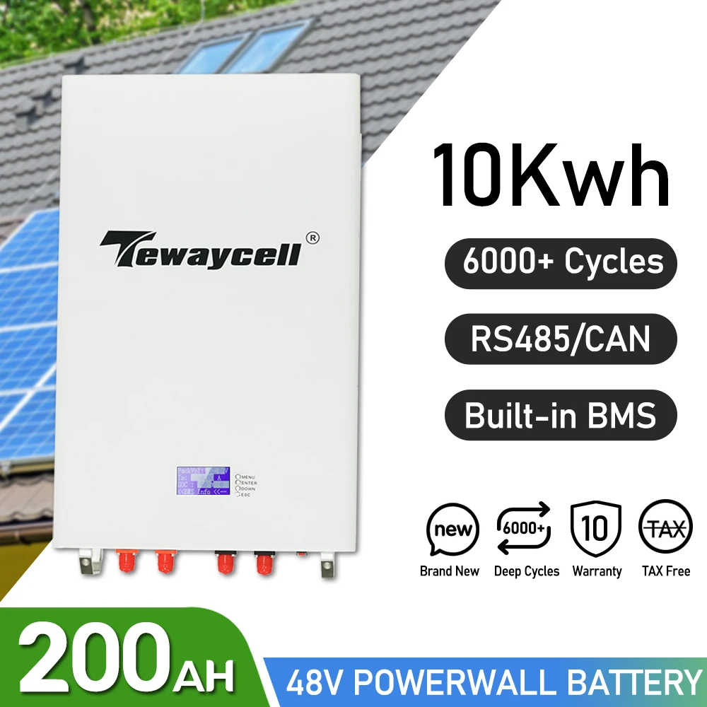 Tewaycell 48V 100Ah 200Ah Powerwall 5KWh 10KWh LiFePO4 Battery Pack With RS485 CAN 6000 Cycles Built-in BMS Solar System NO TAX