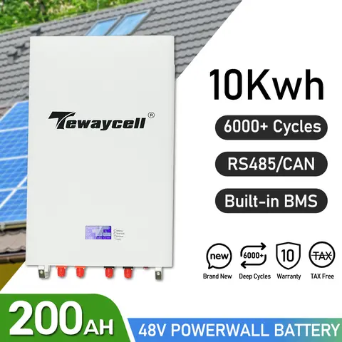 Tewaycell 48V 100Ah 200Ah Powerwall 5KWh 10KWh LiFePO4 Battery Pack With RS485 CAN 6000 Cycles Built-in BMS Solar System NO TAX