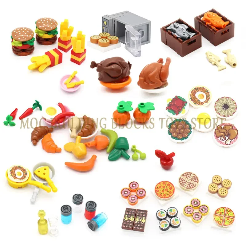 MOC Mini Food Tile Printing Cutlery Fruit Drinks Sushi Burgers Pizza Chips Cakes Desserts Chocolate Cookies Croissants Toy Parts