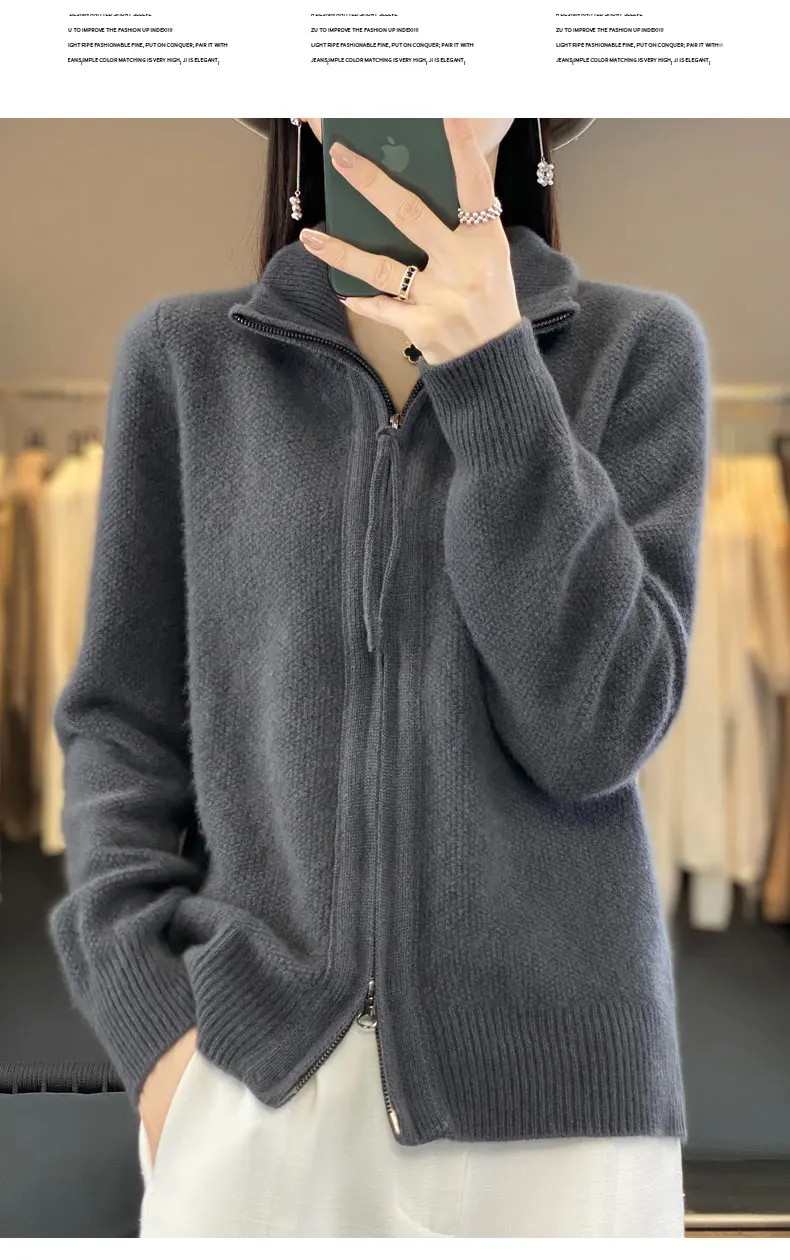 Autumn And Winter New Thick Two-Way Zipper Wool Cardigan Women's Loose Casual Sweater Solid Color Knitted Cashmere Coat