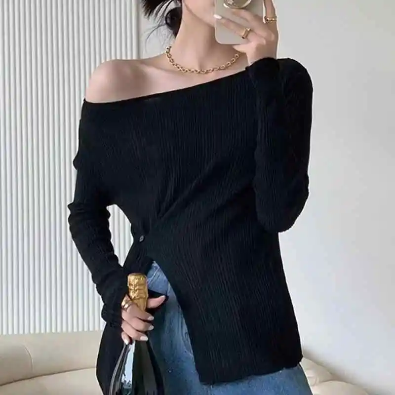 เสื้อสเวตเตอร์คอกลมสีทึบ, เสื้อสเวตเตอร์ถักแยกแขนยาวลําลองสําหรับฤดูใบไม้ผลิและฤดูร้อน, เสื้อผ้าผู้หญิง
