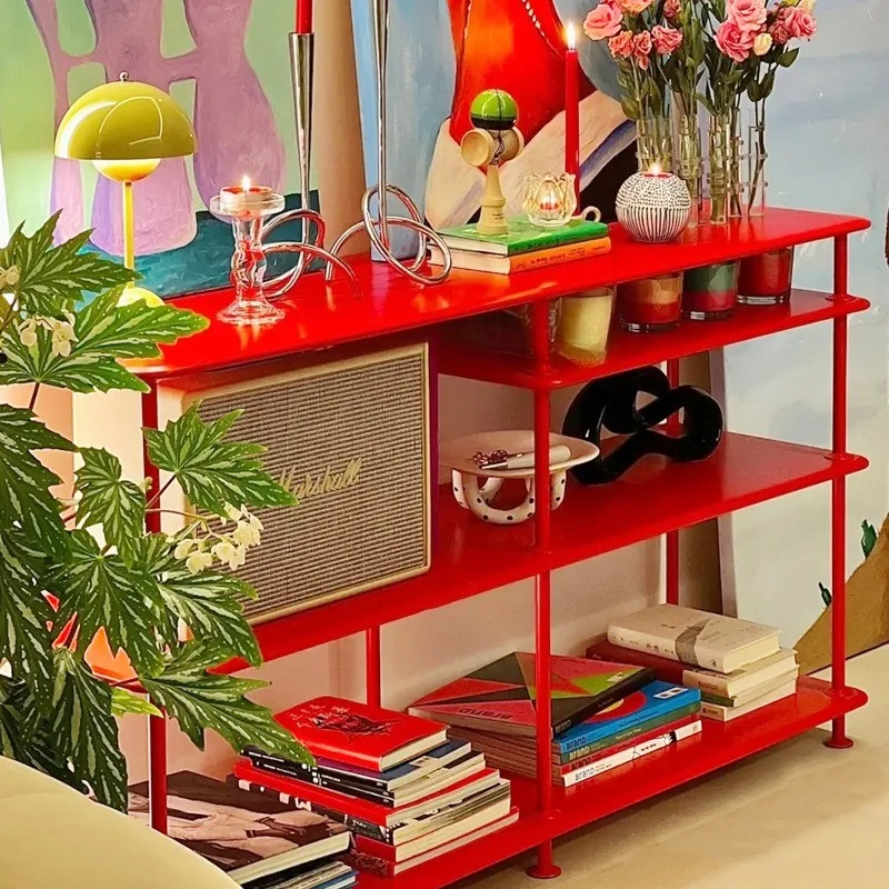 Floor shelf Nordic medieval designer living room storage rack ins wind red display shelf bookshelf