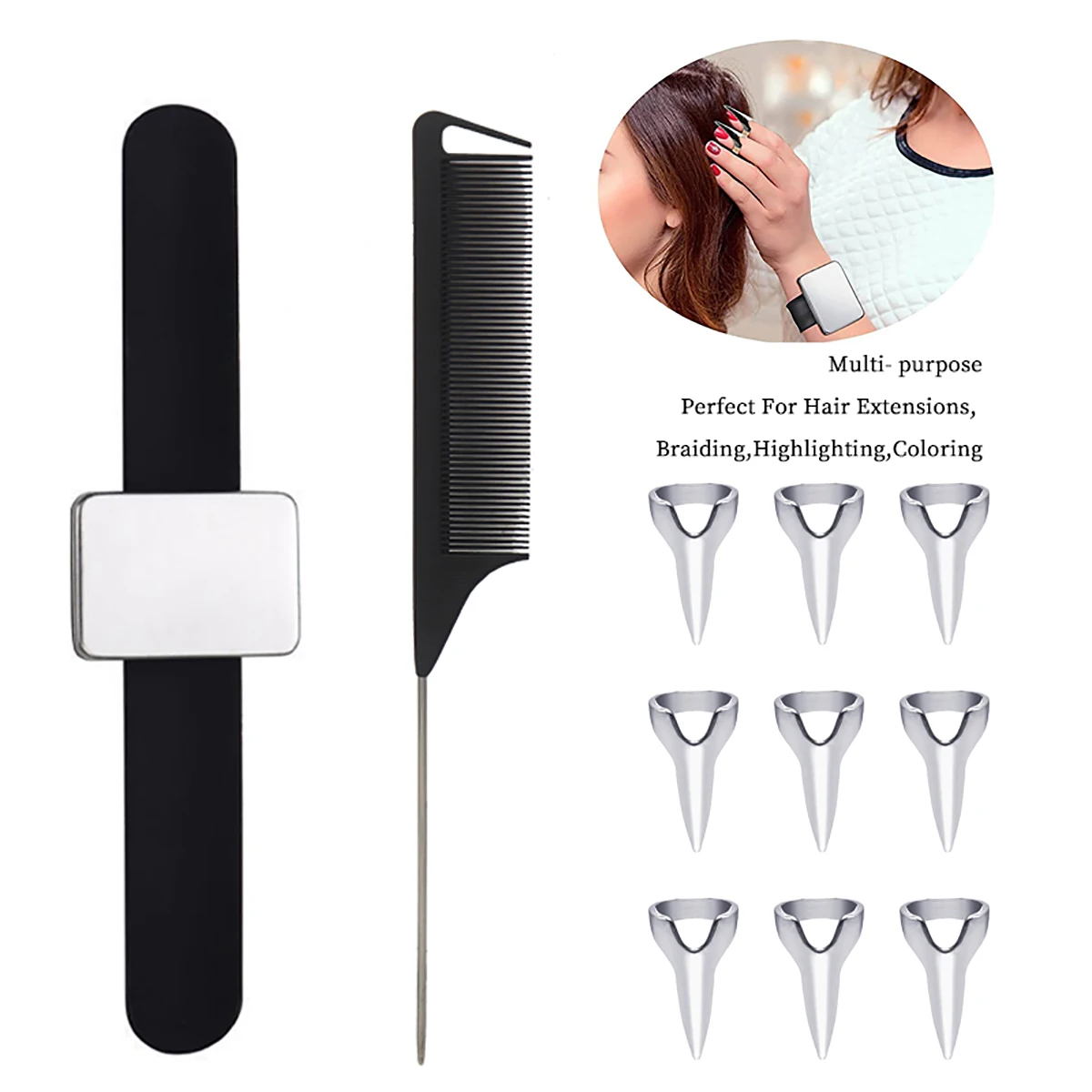 11pcs professional anti-static pointed comb magnetic wristband layered ring salon styling tool sets Special for real hair wigs