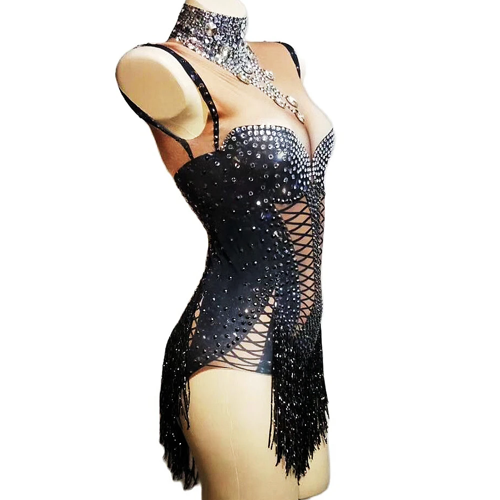 Sleevless Women Shining Diamonds Bodysuits Nightclub DJ Singer Dance Costumes Black Glistening Tassel Leotard Nigthclub Outfit