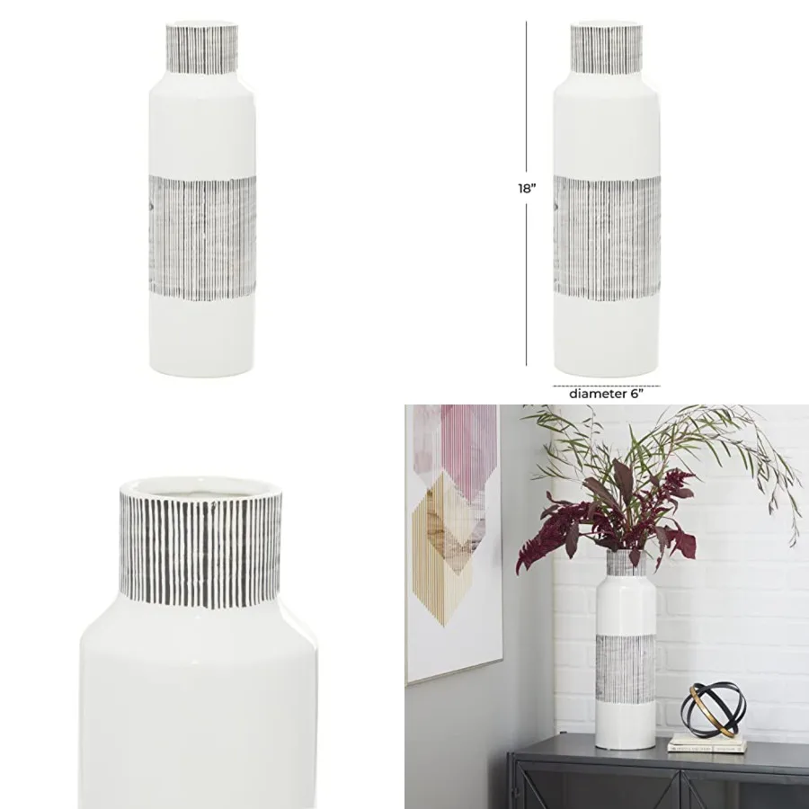 

Ceramic Vase with Grey Striped Accents, 6" x 6" x 18", White