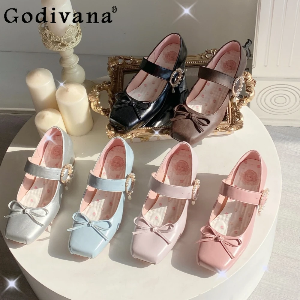 Sweet Cute Women's High Heels Elegant Bow Mid Heel Leather Shoes Ladies Pearl Buttons Mary Jane Shoes Pumps