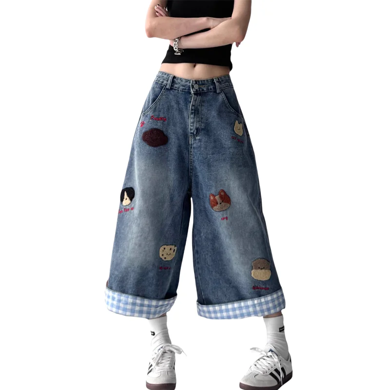 Retro American Cartoon Embroidery Denim Shorts Women's Summer Loose Wide Leg Seven Parts Pants High Waist Casual Wear