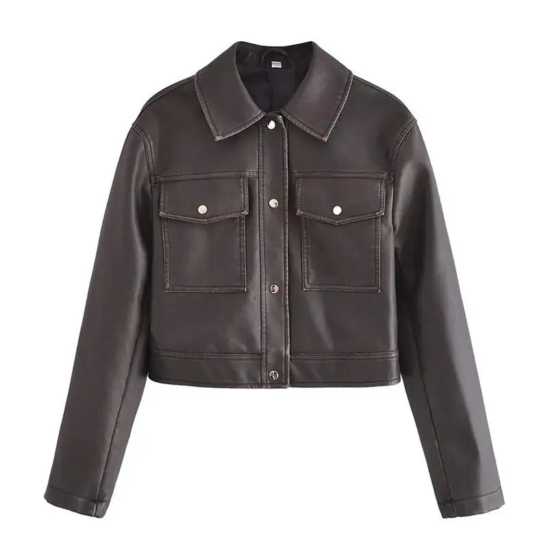 

Женская куртка из искусственной кожи в американском стиле в стиле ретро с двойным карманом и воротником-поло, однобортная свободная повседневная короткая куртка