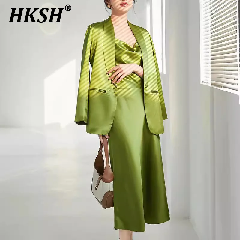 HKSH setelan pakaian jalanan wanita, setelan baju Blazer asam asetat tinggi trendi elegan musim gugur H2768