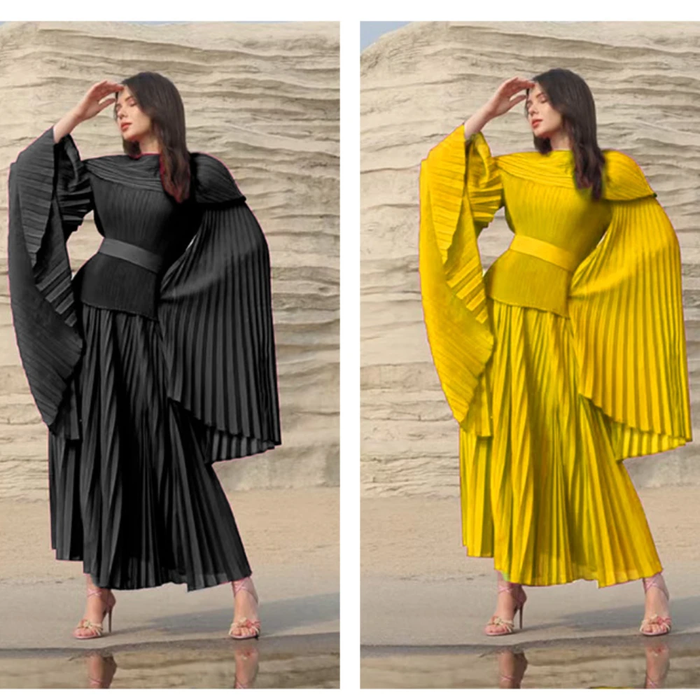 2024 Autumn New Miyake Pleated Set Split Solid Color Top + Elastic Waist Long Swing Skirt Two-piece Sets Women\'s Clothing