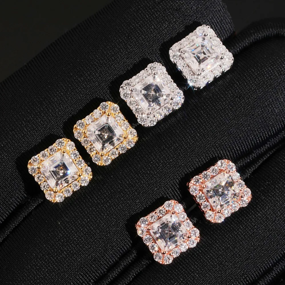 Asscher Cut D Color Moissanite Diamond Stud Earrings Screw Back 925 Sterling Silver Hiphop Rock Women Men Gift Pass Tester