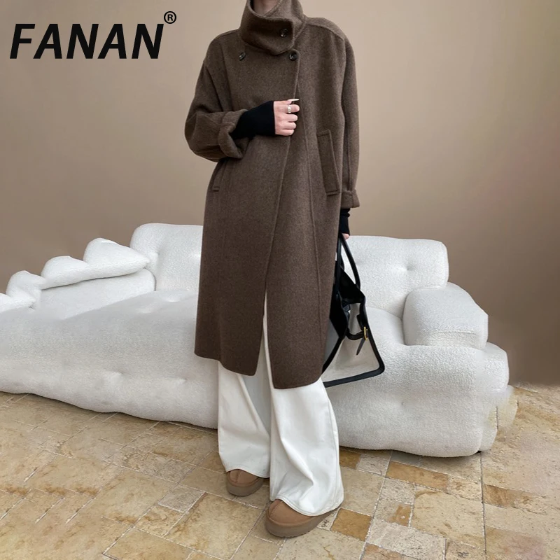 معاطف صوف سميكة ودافئة 100% من FANAN للنساء بياقة مدورة واحدة الصدر ملابس خارجية طويلة ملابس مكتب للسيدات شتاء جديد