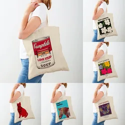 Vintage Art damska torba na ramię Andy Warhol ekologiczna torba na zakupy Casual kobiety płócienna Tote kwiat abstrakcyjny nadruk torebka prezent