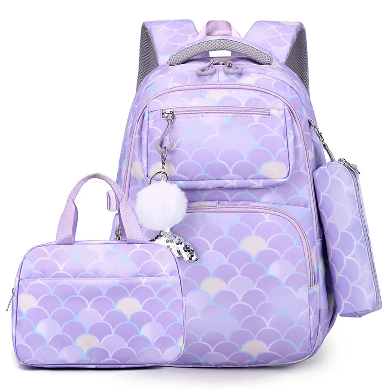 Mochila multifuncional con estampado de escamas de pescado para niñas, morral escolar de nailon de alta calidad con bolsa de almuerzo y lápiz,