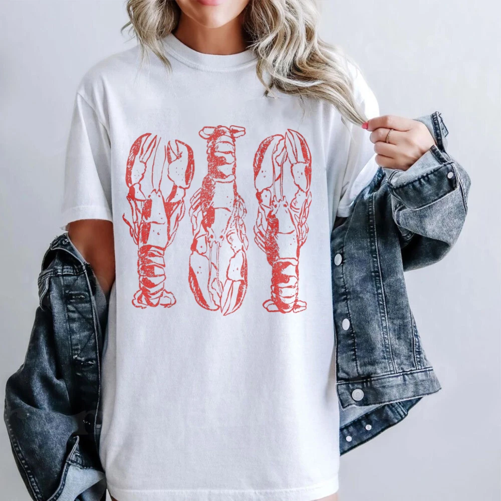 Vintage Lobster Print T-Shirt Beach Vacation Clothing Lobster Lover Gift Shirt Women Daily Life Casual Cotton Short Sleeve
