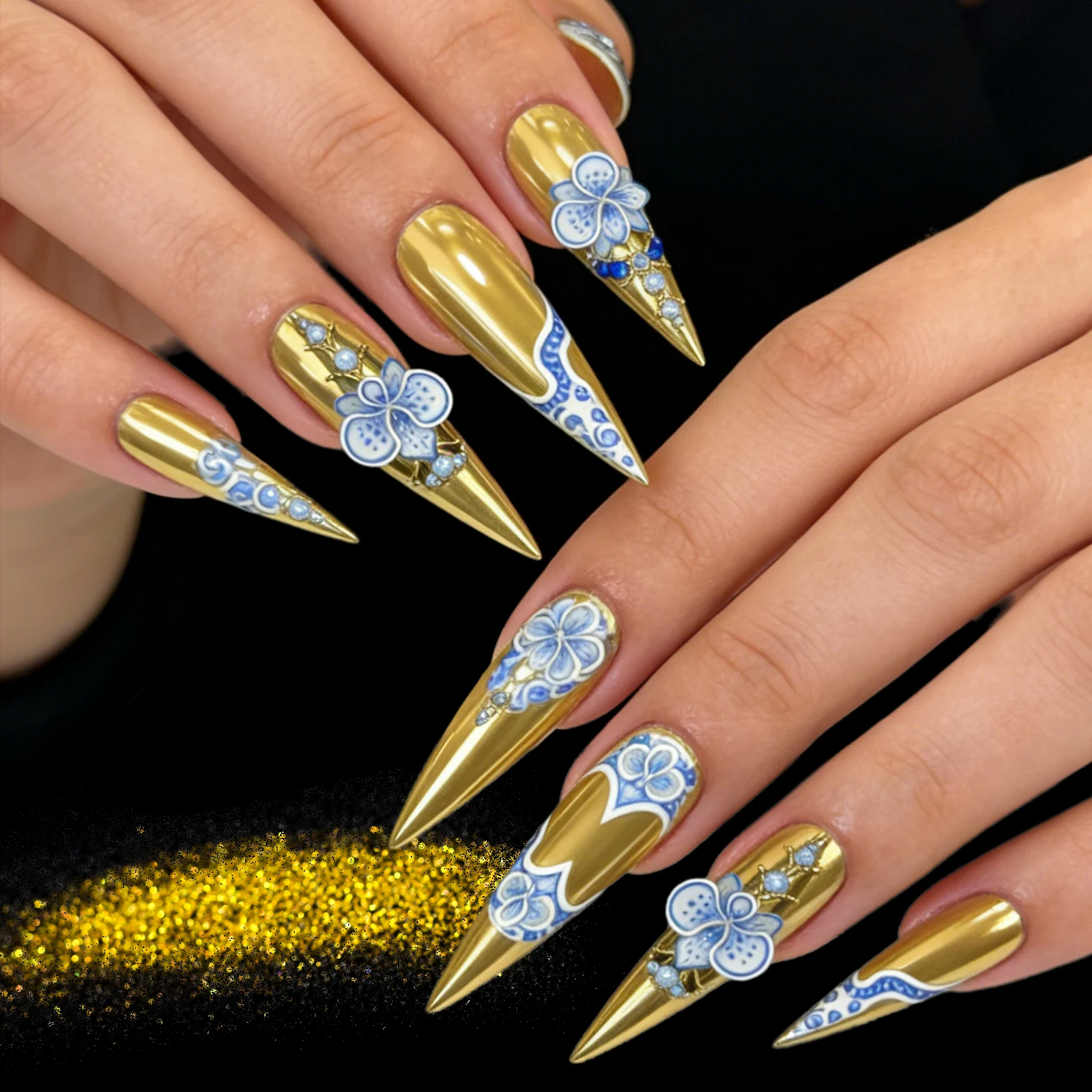 Mirror Chrome Nail Powder Set 2 Colors Golden Silver Metallic Nail Glitter Pigment with Sponge Tool Magic Mirror Effect Nail Art