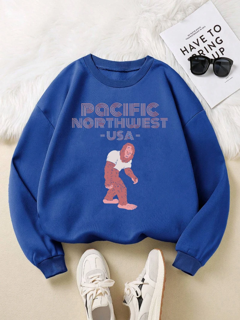 Pacific Northwest Usa Sweatshirts Women Orangutan Printed Hoodie Fleece Warm Crewneck Loose Pullover Winter Sporty Female Tops