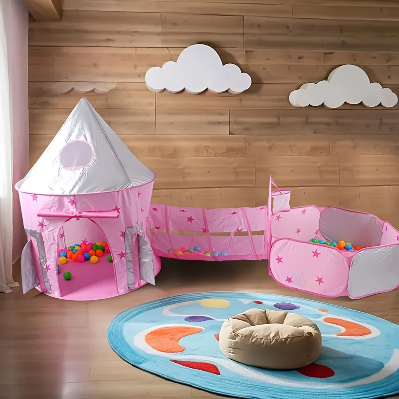 青とピンクの宇宙ロケットボールプールゲームテントトンネルポップアップハウスおもちゃ3個セット収納バッグ付き子供への最高の誕生日プレゼント