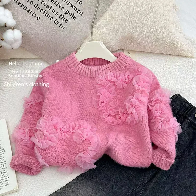 

Autumn Korean Three-dimensional Flower Knitwear Children's Top Pullover Children's Jeans Girls' Sweater 2025 New Autumn