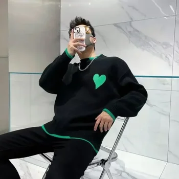 كنزة فضفاضة مبطنة بتقسم للرجال ، تطريز ، بدون هودي ، وضع بلوفرات ، سويت شيرت كوري ، قلب ، أسود ، خريف ، أ ،